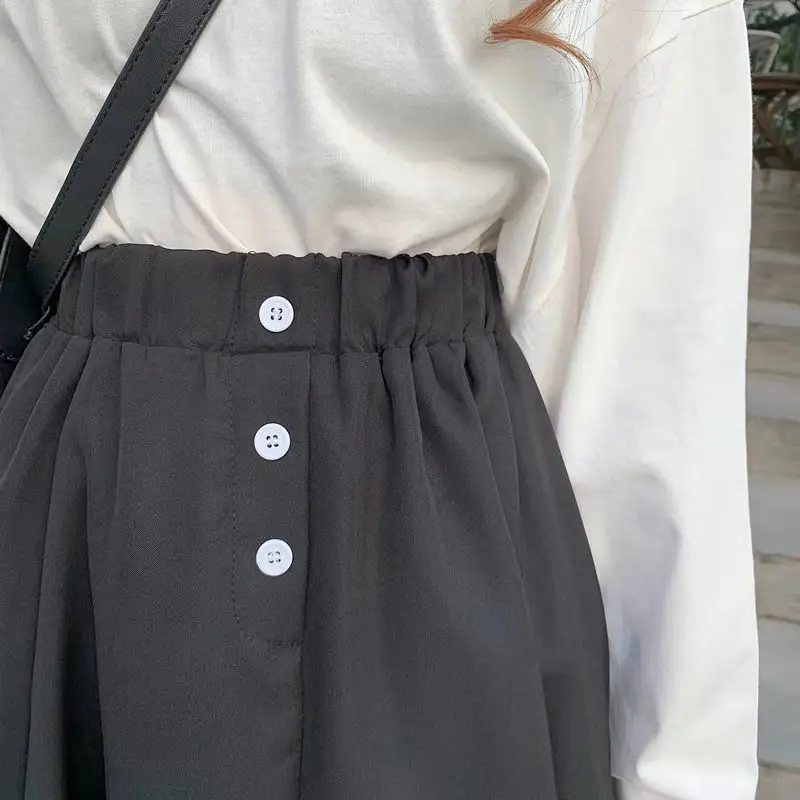 black leather skirt Korean Half Length Skirt Women's 2021 Spring Autumn High Waist Retro Short Skirt Academy Style Black and White A-line Long Skirt black skirt