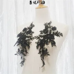 Elegant Floral Embroidery Lace Applique - 45 Colors Wedding Dress Trims (Black)