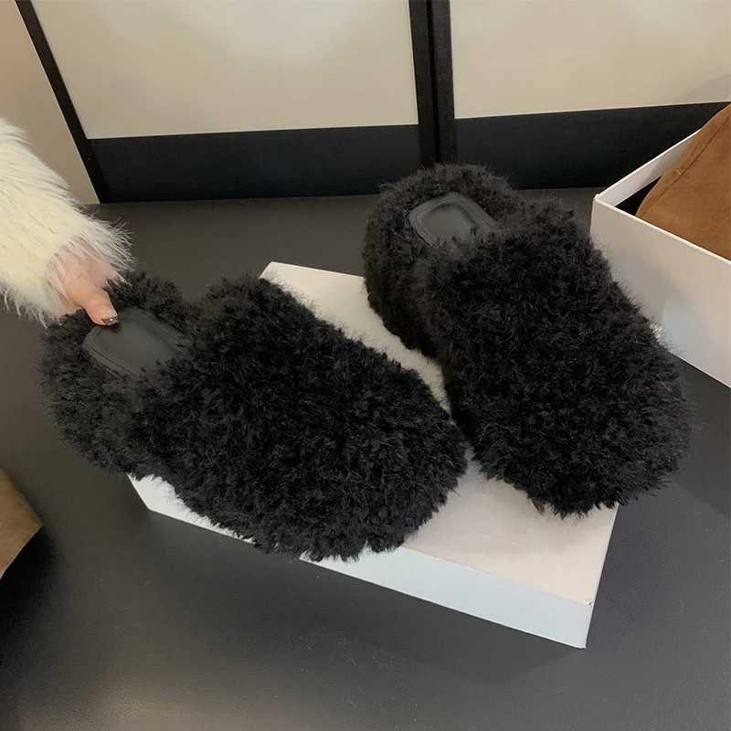 ZOOKERLIN Round Toe Thick High Heels Platform Women's Slippers Solid Color Wool Slip On Winter Soft Comfortable Woman Shoes Fur