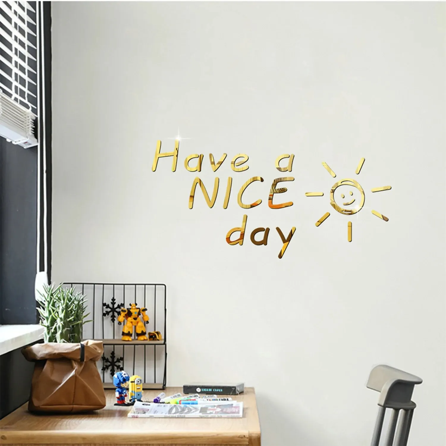 Smiling Sun HAVE A NICE DAY 3D Mirror Wall Sticker Study Background Wall Sticker Painting Decoration