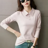 High Quality T-shirts 100℅ Cotton Female Tee Long Sleeve With Collar Korean Popular Clothes Basic Pretty Original Women's Polo - Image 2