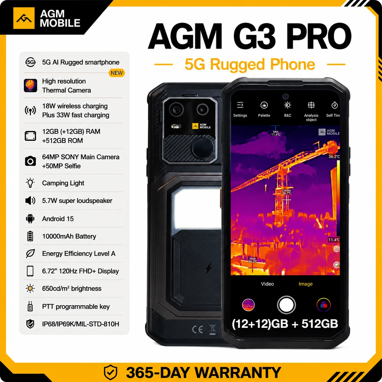 AGM G3 PRO 5G Rugged Phone 512GB ROM +24(12+12)GB RAM Thermal Imaging Camera Smartphone Android15 Fast Charge  Wireless Charging