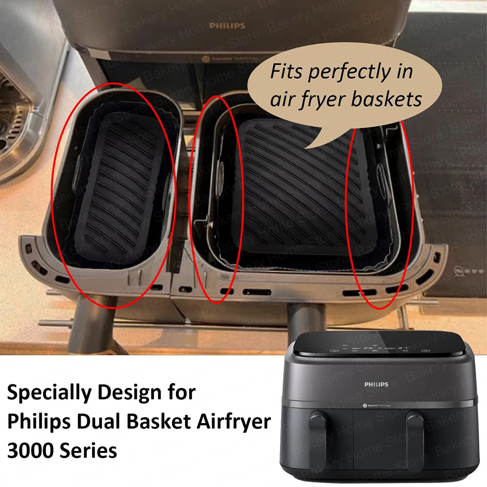 Rivestimenti In Silicone Per Friggitrice Ad Aria Philips Airfryer Doppio Cestello Serie 3000 (6L+3L) - Fodere Riutilizzabili Antiaderenti, Prive Di BPA, Per NA350/00 - 3