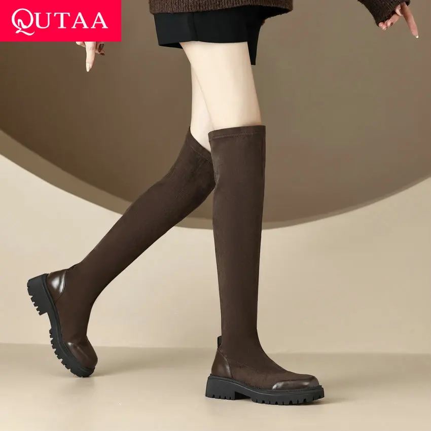 

QUTAA 2024 Elegant Over The Knee Boots Stretch Square Med Heel Flock Shoes Woman Lady Autumn Winter High Boots Size 34-43