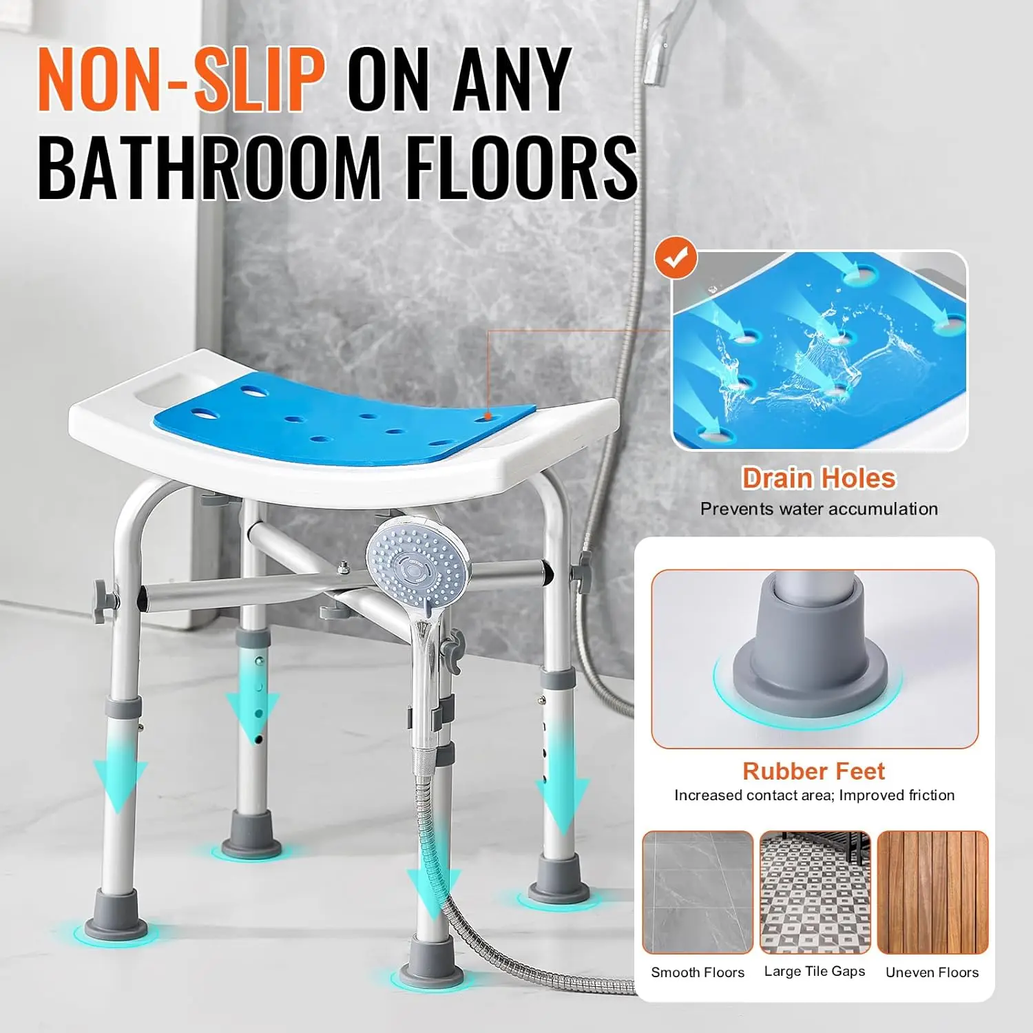 Shower Chair for Inside Shower, Adjustable Height Stool with Crossbar Support, Shower Seat for Shower, Tub, Non-Slip Bench 3