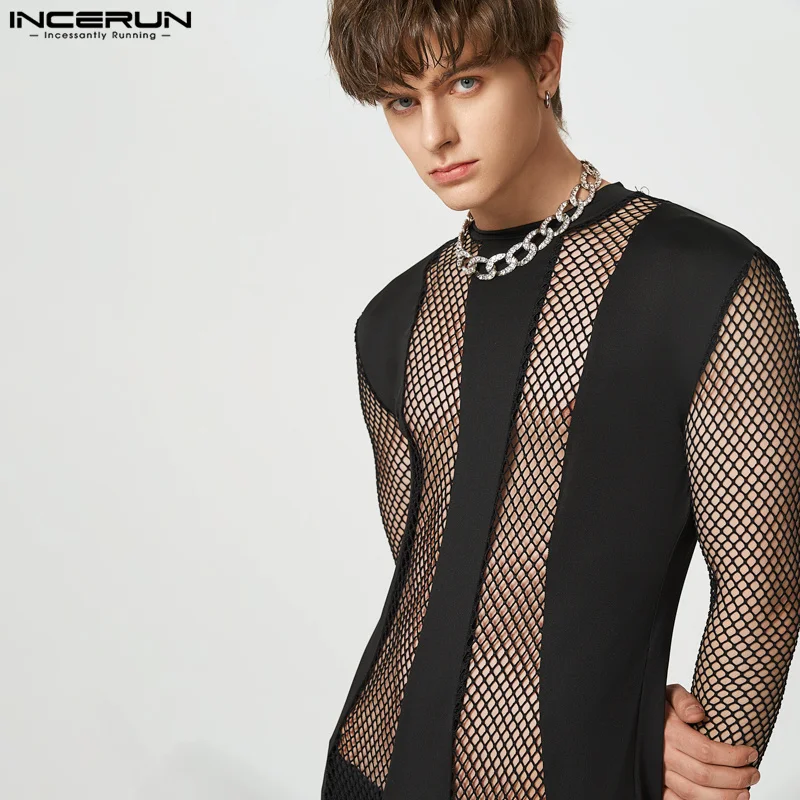 INCERUN Casual Party Hot Sale Homewear New Men's See-through Mesh Bodysuit Sexy Splicing Solid Long-sleeved Thin Jumpsuit S-5XL