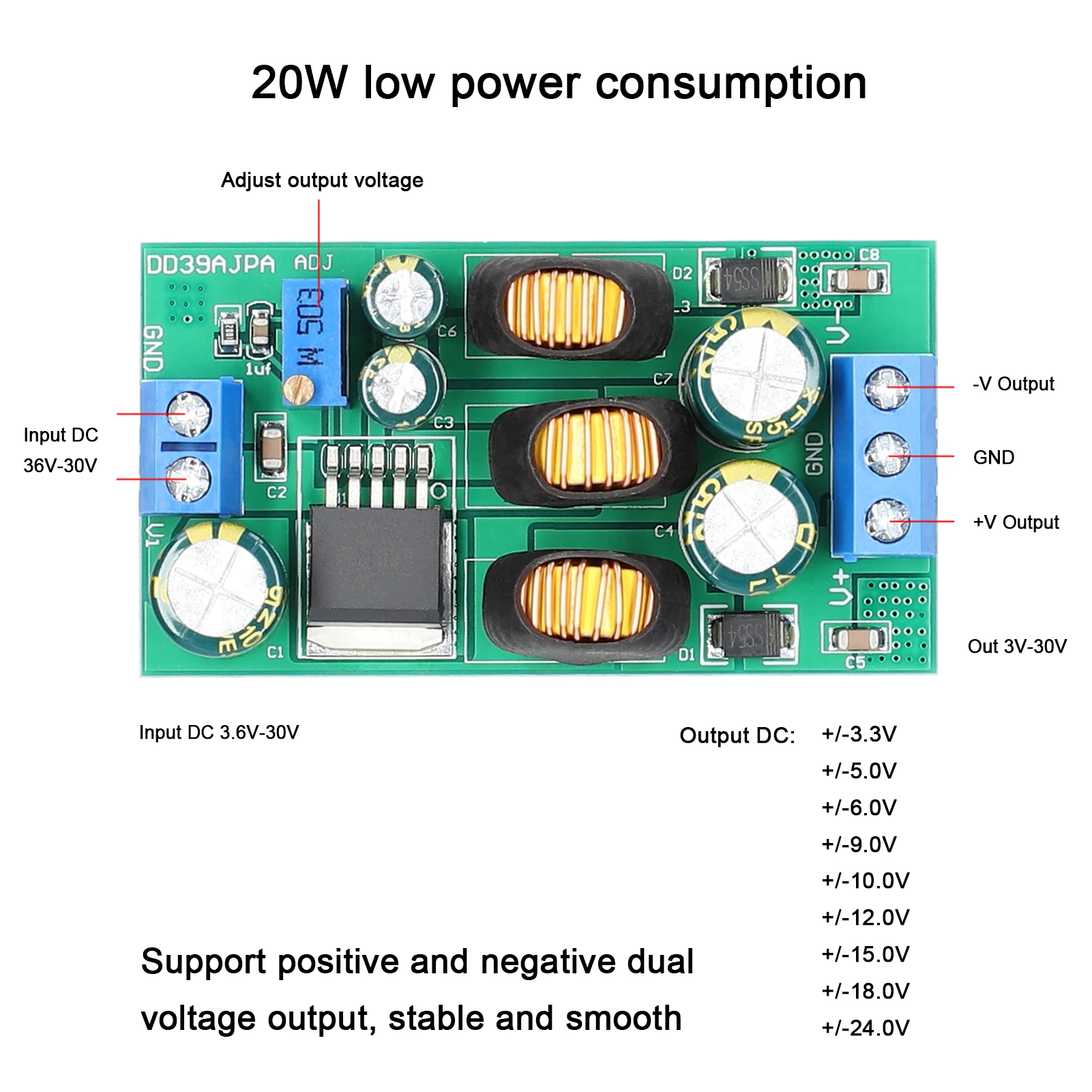 DC-DC Boost Buck Voltage Converter 3.6-30V to &plusmn;3-30V Step-Up/Down Power Supply Module 20W Positive Negative Dual Output power supply voltage converter power module