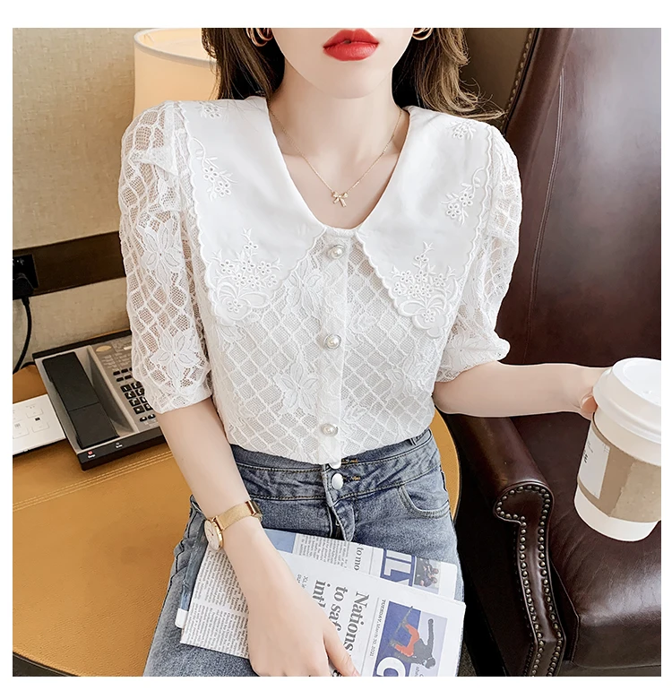 人気ランキング Vintage White Lace Shirts Women 2024 Elegant Fashion Summer トップス