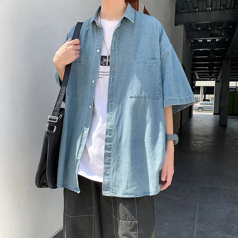 Summer Denim Shirt Men Short Sleeve Cargo Shirt Coat Loose University Handsome Top Clothes Cowboy Oversize denim shirt