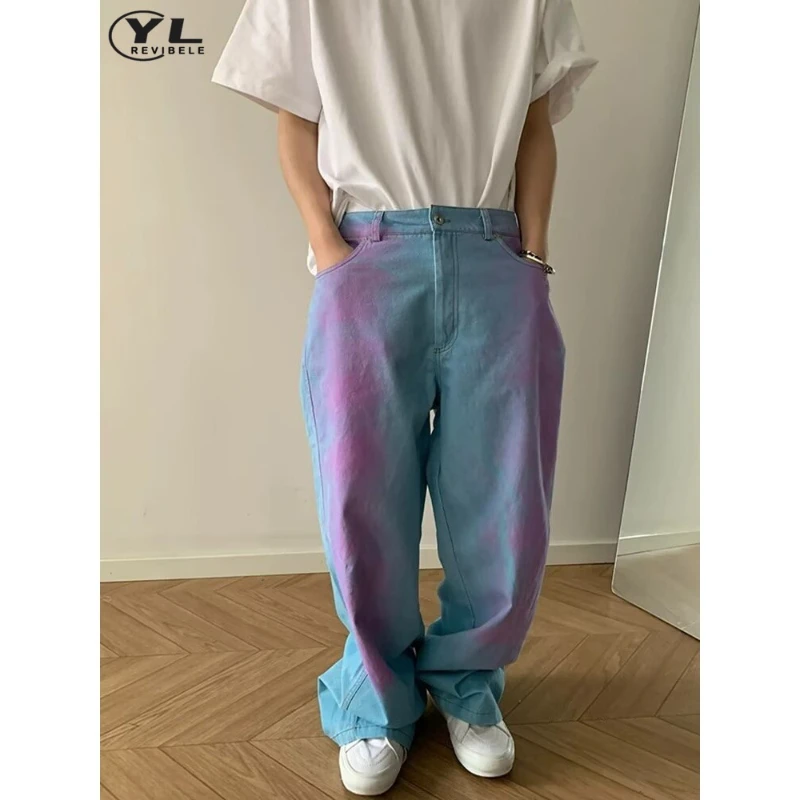 

Graffiti Tie Dye Jeans Men American High Street Wash Straight Wide Leg Denim Pants Streetwear Fashion Casual Baggy Trousers 2024