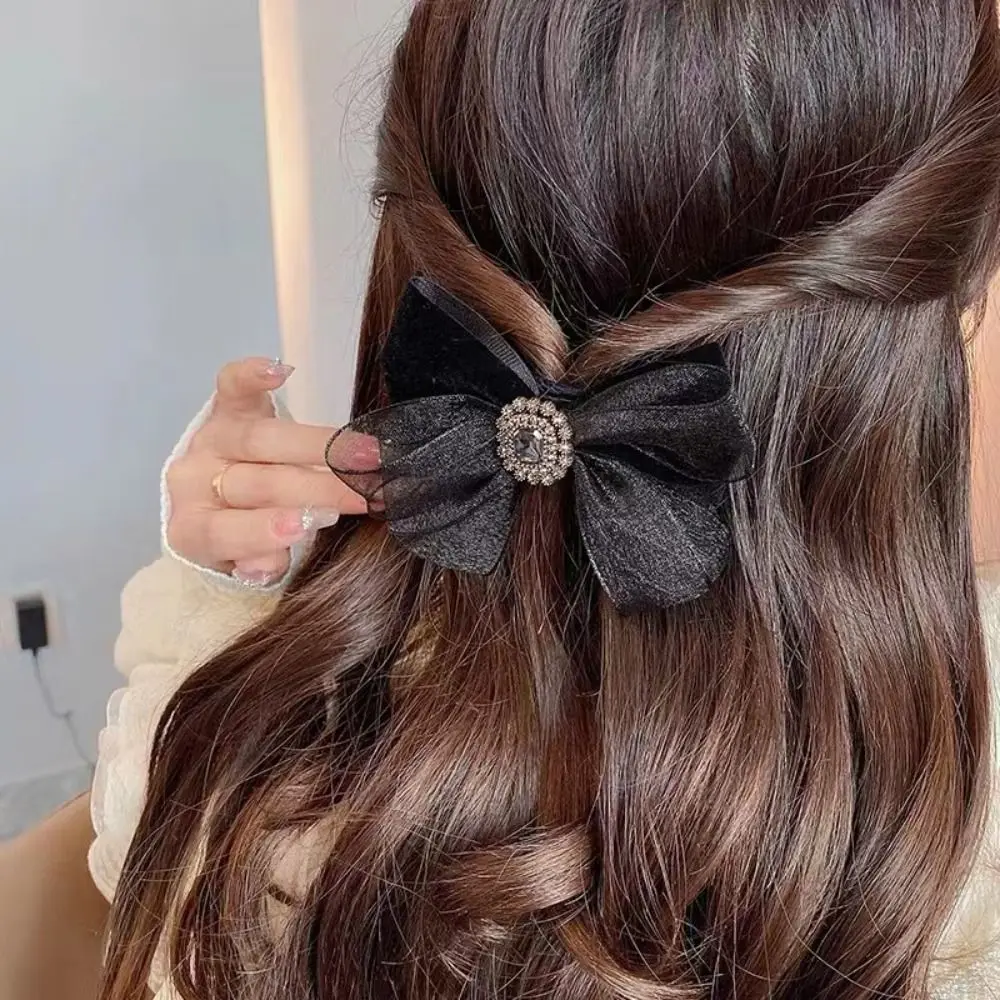 Korean Elegant Rhinestone Bowknot Mesh Spring Clip Vintage Cloth Hairpins Simple Temperament Hair Clip Headwear Hair Accessories korean double sided mesh rhinestone bow hair clip temperament princess head large grab bangs hairclip accessories cheveux