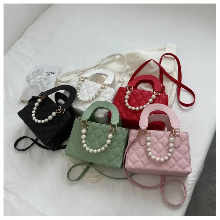 Women's 2023 Trend Leather Chain Shoulder Crossbody Bag with Pearl Handle Portable Chocolate Grid Solid Color Small_voghion.com