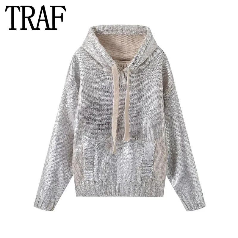 

TRAF Hoodies Women Sweater Silver Knitted Sweater Woman Winter 2023 Long Sleeve Autumn Knit Top Female New Sweatshirts Pullover