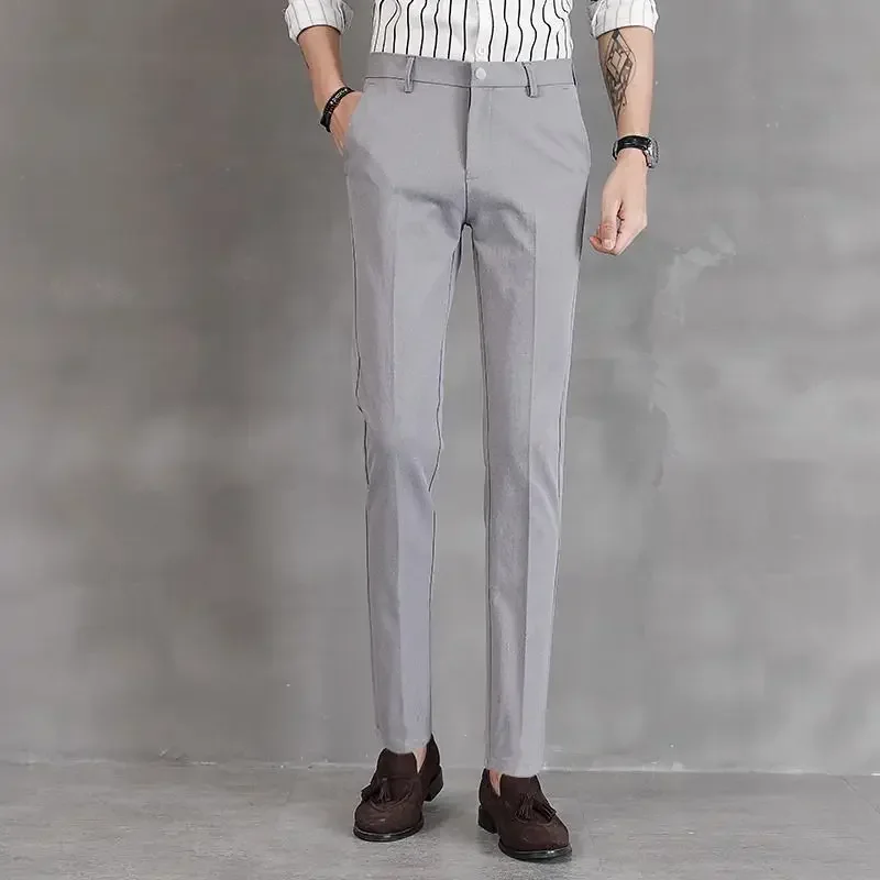 thumbnail image 1 of Pantalones elásticos elásticos de 9 pulgadas para hombre, pantalones de trabajo azules para hombre, pantalones rectos de oficina, moda de licra, verano 2024, para hombre chino, 1 of 5