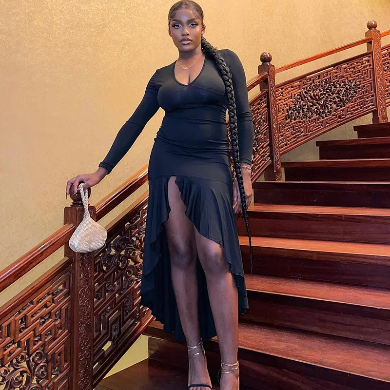 

Chic Black Irregular Ruffles Women Bodycon Dress V Neck Full Sleeve Fit and Flare Split Fashion Ladies Prom Evening Dresses