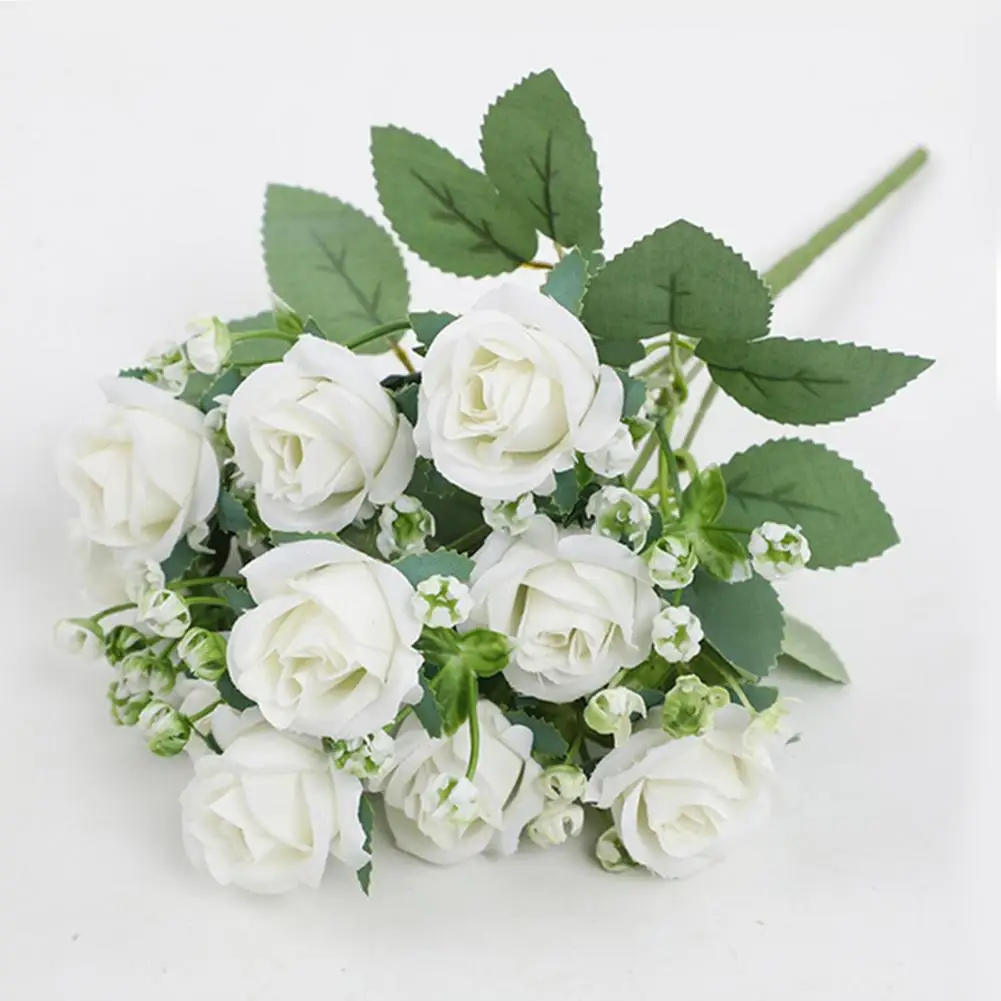 26cm Artificial Rose Flower Bouquet With Green Leaves Stem Realistic Reusable Faux Floral Plant Home Decoration Wedding Party