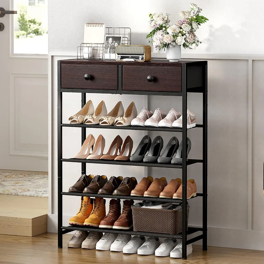 Shoe Rack 5 Tier Shoe Organizer with 2 Drawers Metal Shoe Storage for 1620 Pairs of Shoes with Fabric Shelves and Wooden Top Na