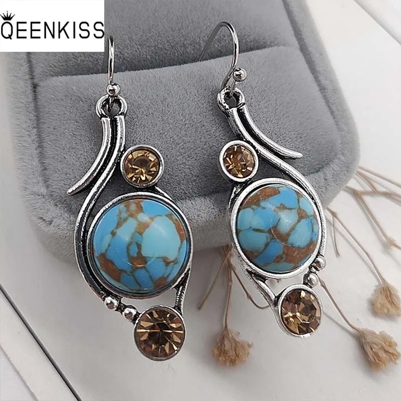 

QEENKISS EG6225 2022Fine Jewelry Wholesale Fashion Woman Girl Birthday Wedding Gift Round Turquoise Antique Silver Drop Earrings