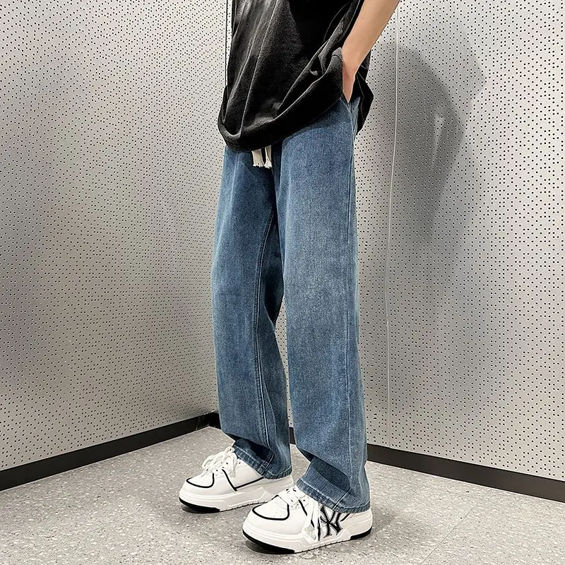 Spring Autumn Korean Style Vintage Straight Leg Jeans Men Harajuku Male Clothes Casual Loose Solid Pockets Pants Zipper Trousers