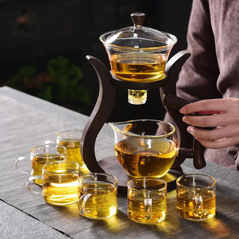 

7pcs Heat-resistant Glass Teapot Set with Cup Wooden Holder Water Rotating Cover Bowl Automatic China Kungfu Tea Maker Tools Set