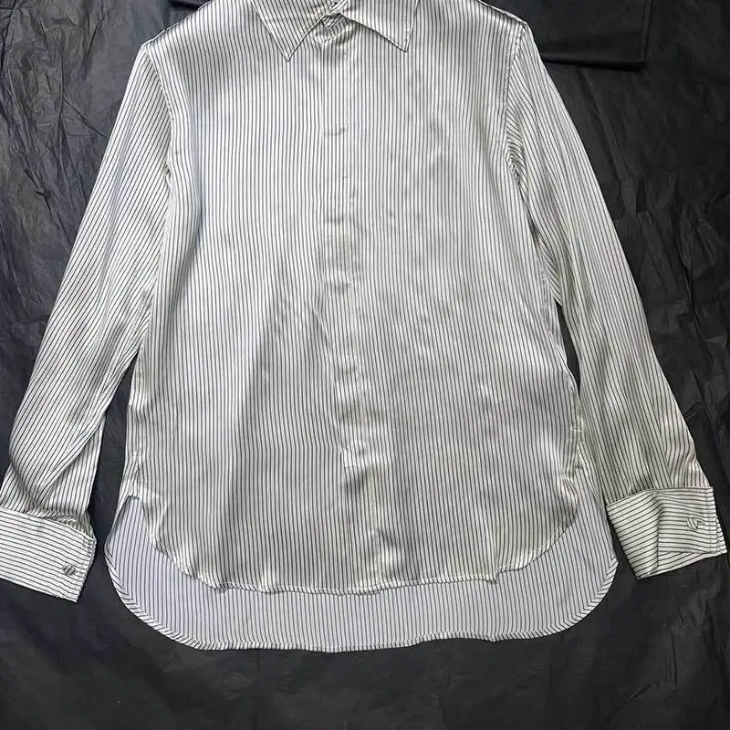 

Женская Офисная рубашка в полоску, однобортная Свободная блузка из 100% шелка с отложным воротником и длинным рукавом, Классическая Летняя одежда, Y2K