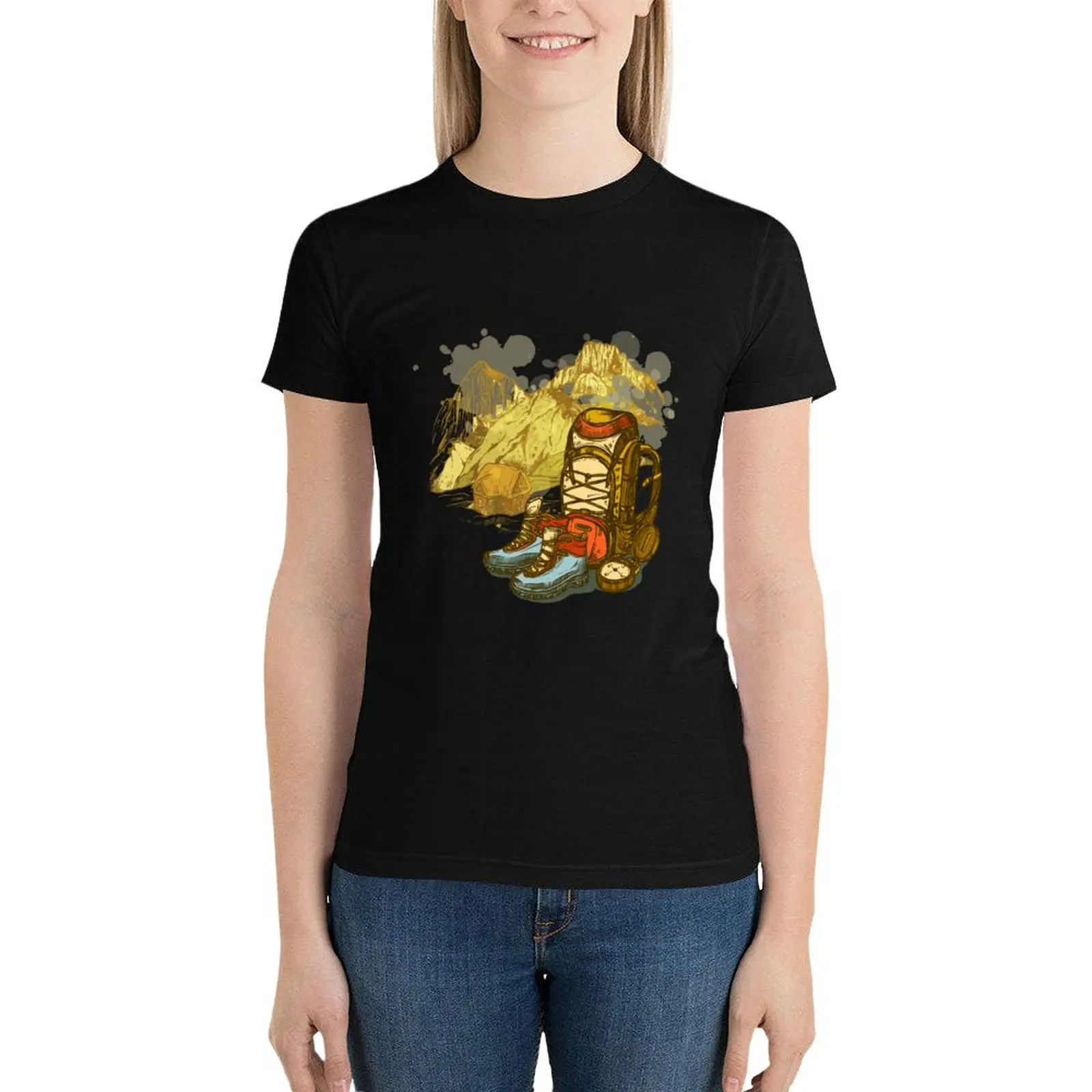 

happiness is a day spent hiking T-Shirt summer tops tops anime clothes workout t shirts for Women