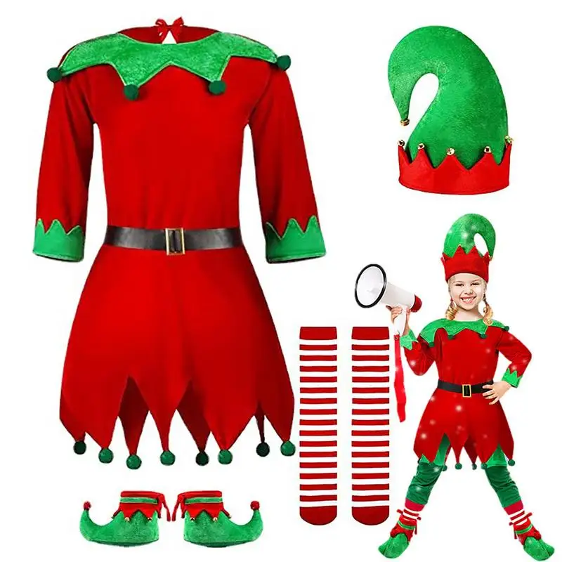 

Girls Christmas Elf Costume Set Cosplay Santa Claus Baby Costume Dress Elf + Hat + Belt + Shoes + Striped Stockings For Boys
