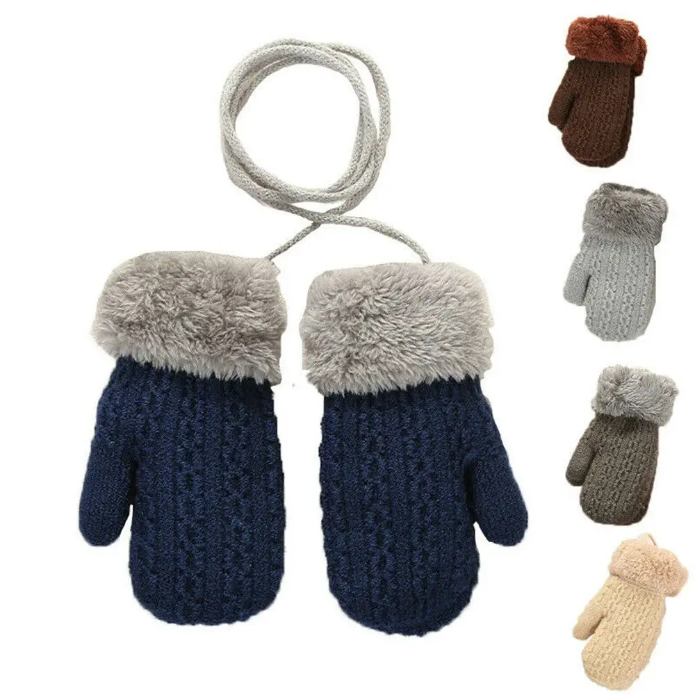 Faux Fur Hanging Neck Baby Gloves Knitted Mittens 1-4 Years For winter gloves baby mittens