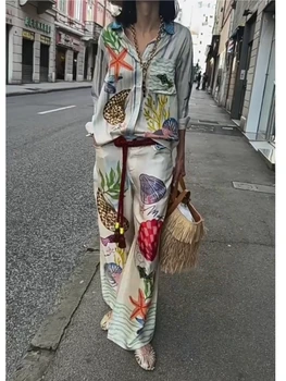 Bohemia Satin Print Loose Two Piece Sets Women Causal Long Sleeve Shirts+Long Wide Leg Pants Female Beach Summer Outfits 1