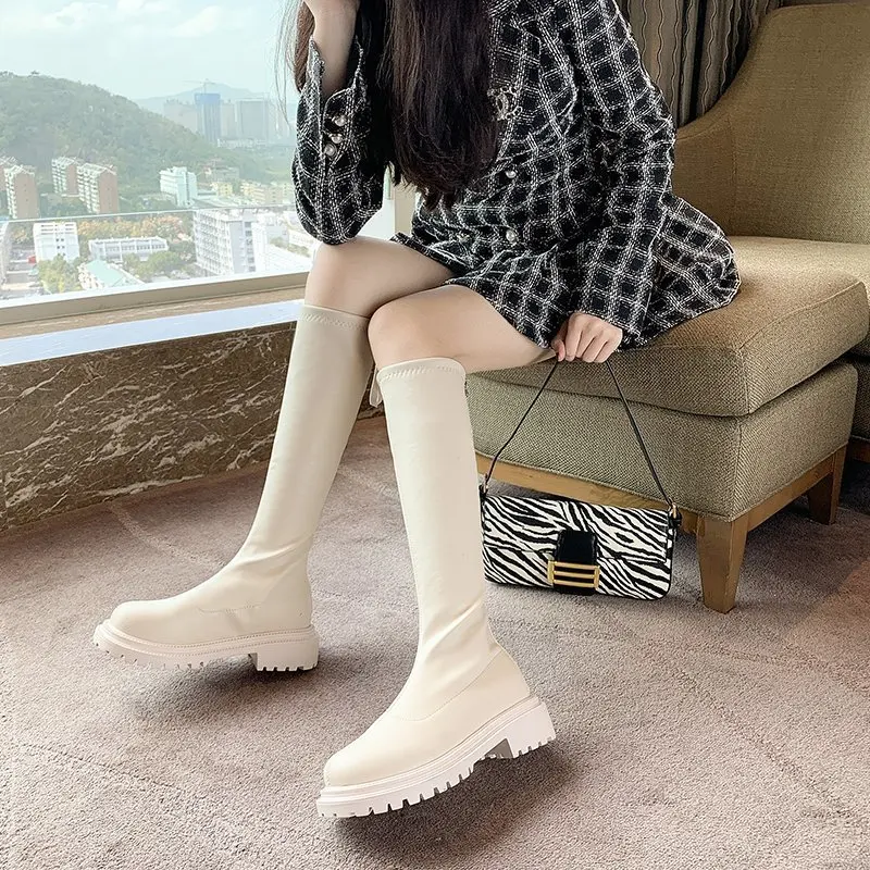 2022 Winter New Chelsea Boots Designer Women Knee-High Snow Fashion Chunky Warm Goth Botas Mid Heels Platform Femme Shoes Mujer