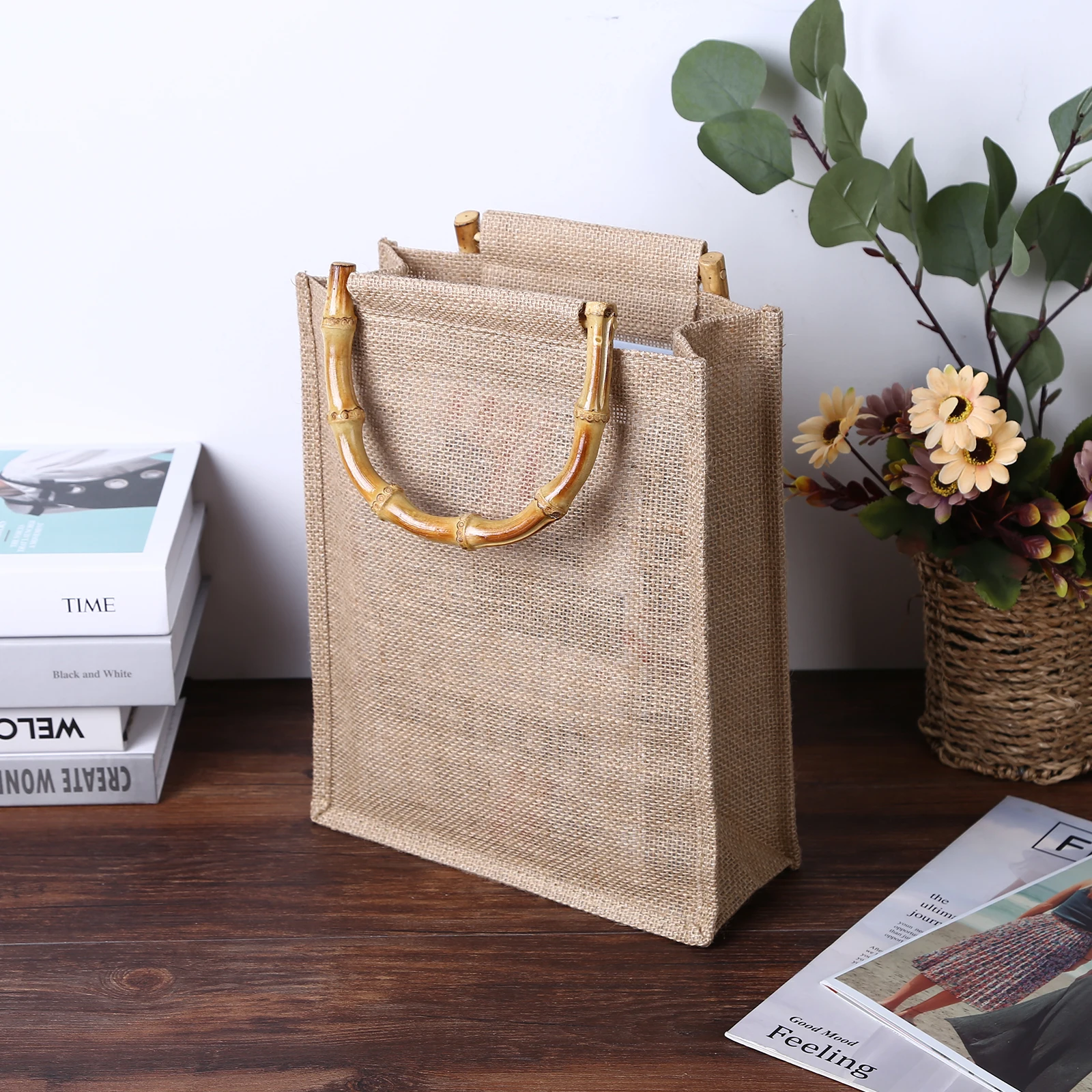 Women Burlap Jute Tote Bag Retro Beach Handbag Bamboo Handle Linen Beach Shoulder Top Handle Bag Fashion Reusable Shopping Bags