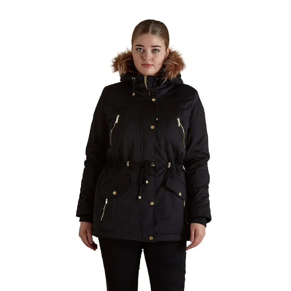 

Fancia women large size coat Rg9982 fixed hooded zipper closure four pocket plush fur lining canvas Parka khaki black navy blue