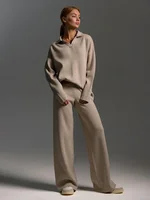Bornladies Winter Thick Women Knitted Suits Soft 2 Pieces Sets Female Polo Neck Sweater & Wide Leg Pants Knitted Outfit 1