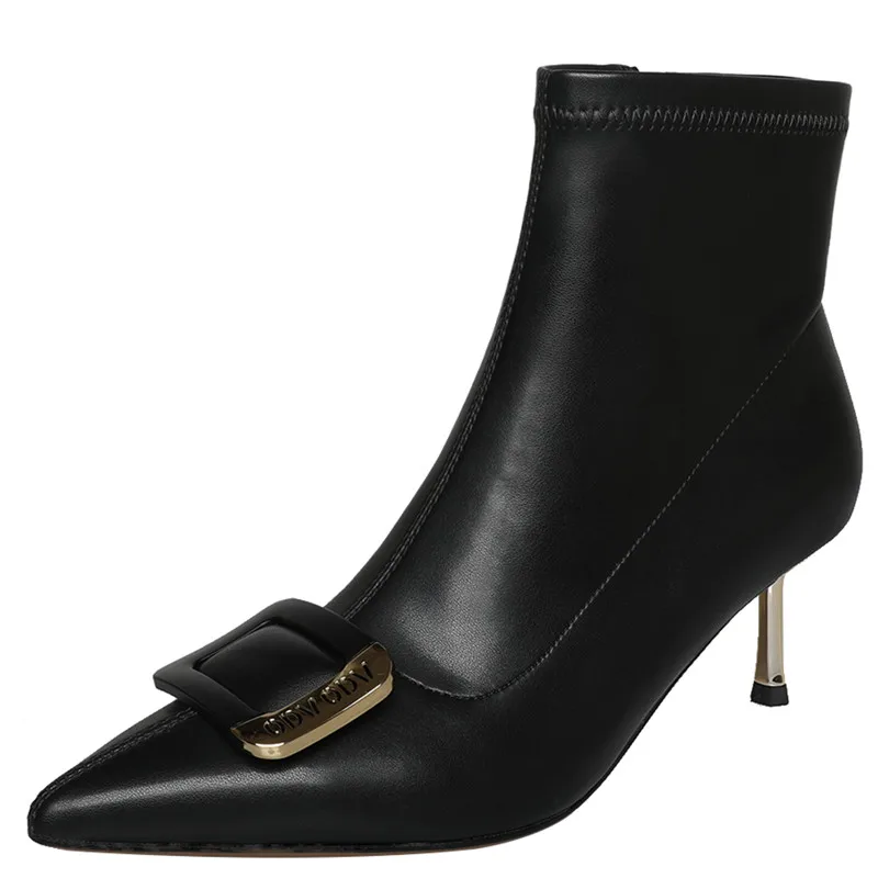

Genuine Leather Pointed Thin Heel Elastic Slim Boots With Metal Decoration Bling Sexy Fashionable Elegant Women's High Heels