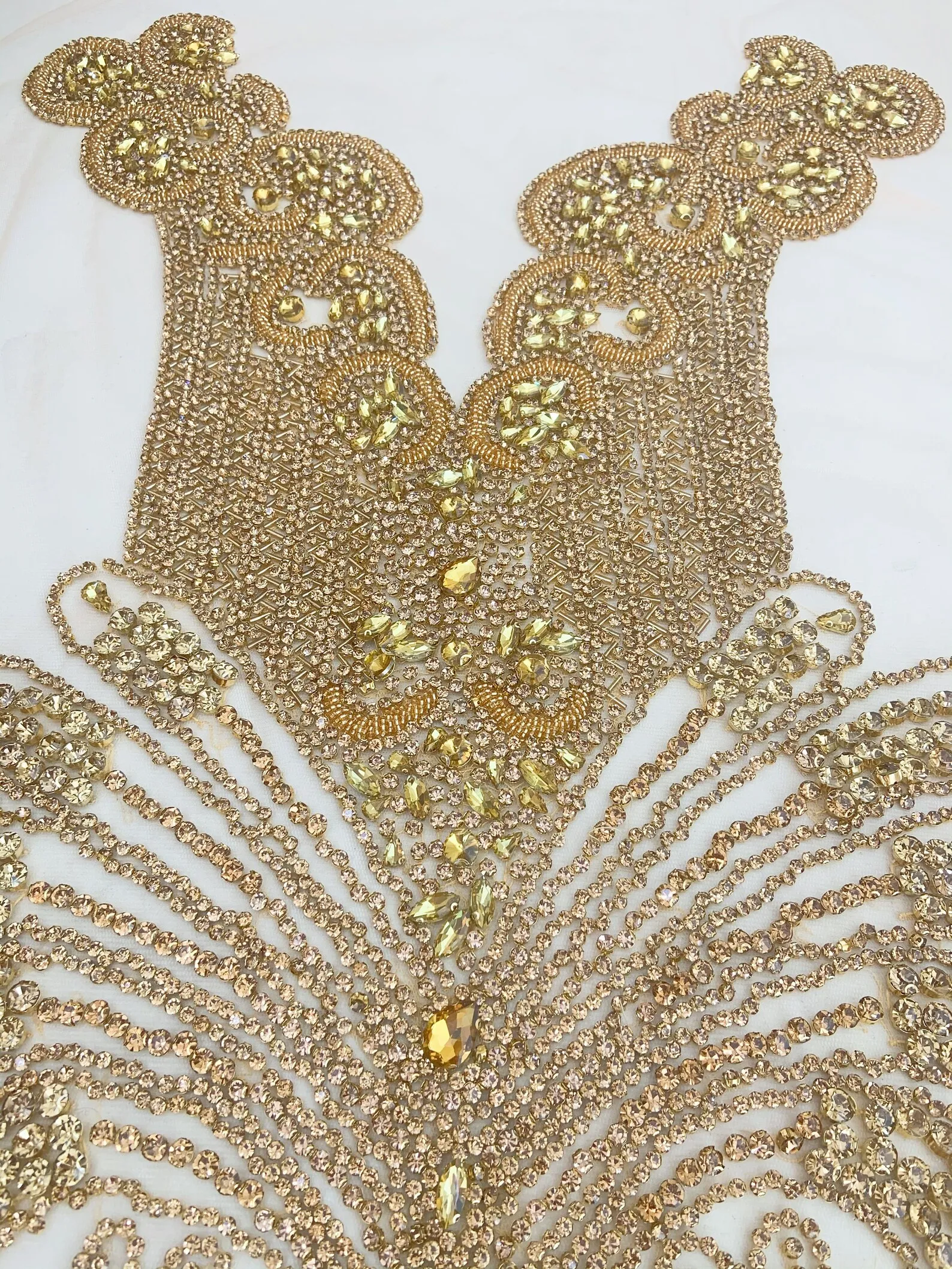 

Handcrafted Crystal Corset Patch for Dress, Gold Rhinestone Bodice Applique