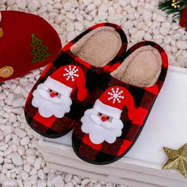 Christmas Fluffy Fur Slippers Cozy Santa Claus Plush Closed Toe Slippers Flat Plush Slip-on House Shoes Plaid Household Supplies 1