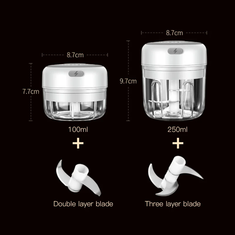 Electric Food Chopper Small Garlic Chopper Mini Vegetable Chopper, Cordless  USB Charging Kitchen Food Masher Tools 100ml/250ml