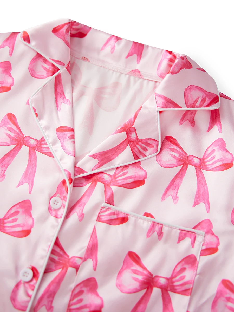 Women s Cozy Autumn Pajama Set with Cute Bow Print Soft Button Down Top and Matching Pants for Lounging 2 Piece Set for Fall