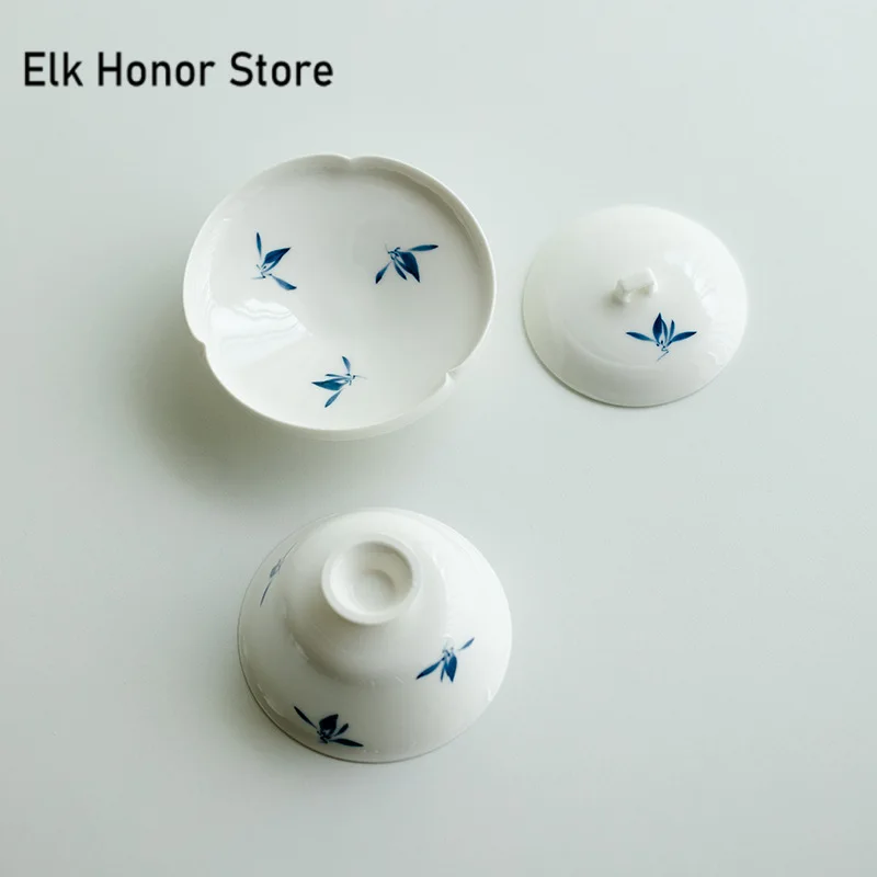 100ml Pure Hand-painted Butterfly Orchid Tea Tureen White Porcelain Ring Button Cover Bowl Tea Maker Gaiwan Kung Fu Teaware