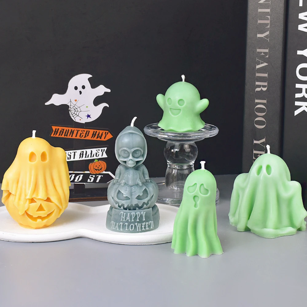 Description Picture 5 of itemCartoon Pumpkin Ghost Plaster Doll Mold Skull Terror Zombie Candle Soap Silicone Mould Hands Up Apparition Halloween Party Decor