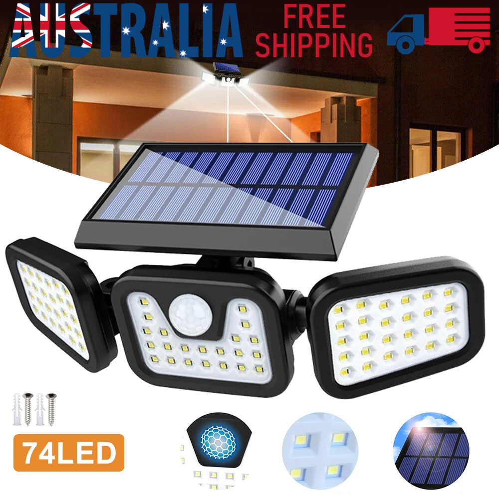 3 Head Solar Motion Sensor Light 74LED Outdoor Garden Wall Security Flood Lamp