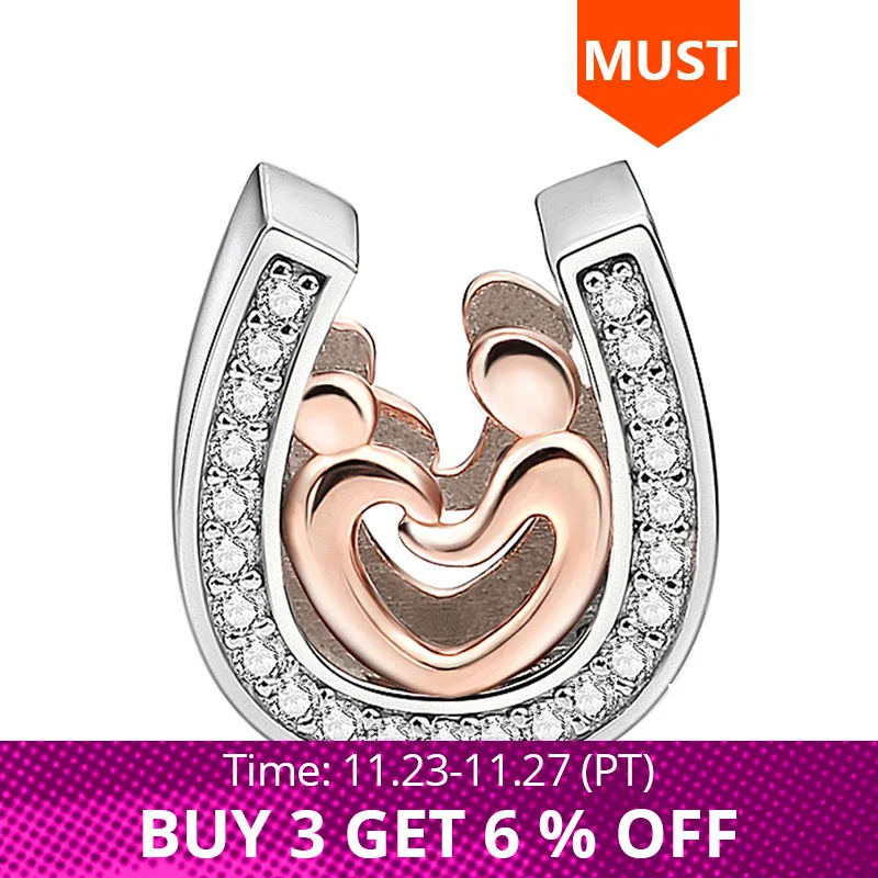 Sg 925 Silver Diy Horseshoe Charms Mom and Kid Hand in Hand Beads with Cz Fit Original Europe Bracelet Fashion Jewelry Gifts