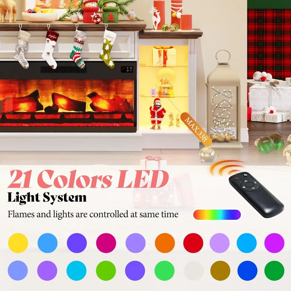 70" Electric Fireplace with Mantel, 3-Sided Fireplace TV Stand, Entertainment Center with Adjustable Shelves & LED Light 3
