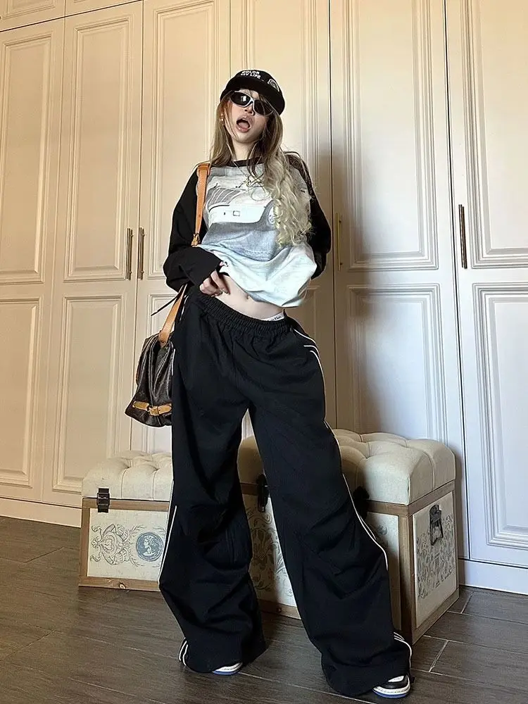 HOUZHOU Black Striped Women Sweatpants Wide Leg Casual Oversized Trousers Korean Style Fashion Sports Pants Baggy High Waist