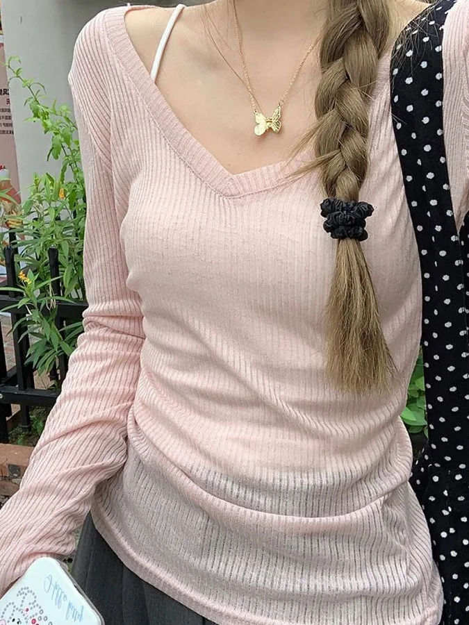 Summer Thin Long Sve V-Ne Knitted Top Women's Faion Layering irt Korean Sle Slim Fit T-irt Pure Color Design 1
