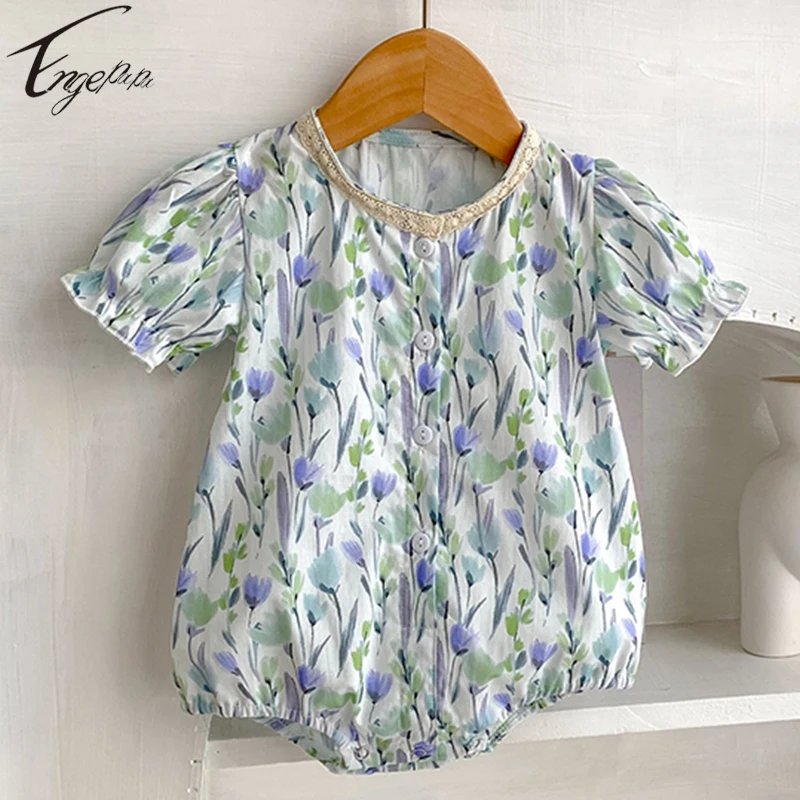 

2023 Summer Baby Girls Flowers Rompers Toddler Girls Short Sleeves Jumpsuit Princess Lace Collar Girls Party Rompers Clothes
