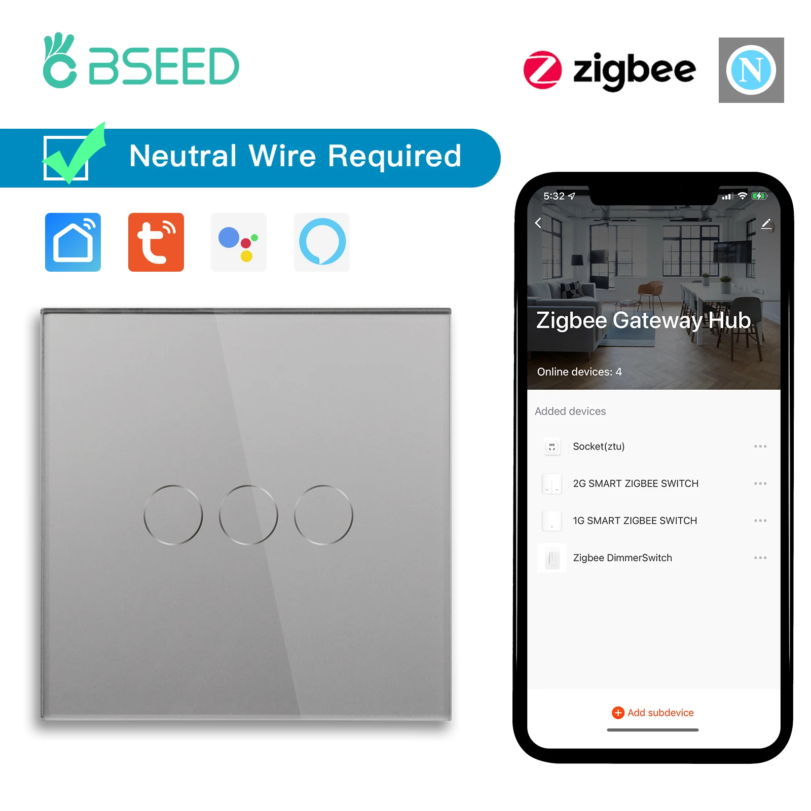 Bseed zigbee smart touch switches mais duplo soquete de parede da ue