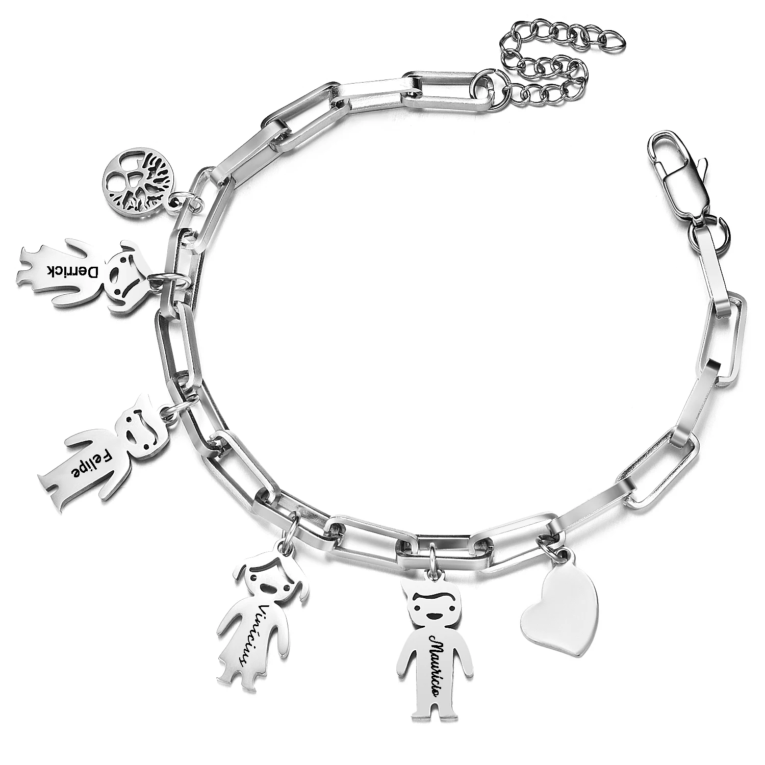 Custom Name Bracelet Stainless Steel Chain Personalized Boy Girl Family Name Children Kids Life Tree Heart Charms Bangle Jewelry custom 1 10 names hearts bangle personalized heart pendant stainless steel bracelet women closed round bracelet family gift