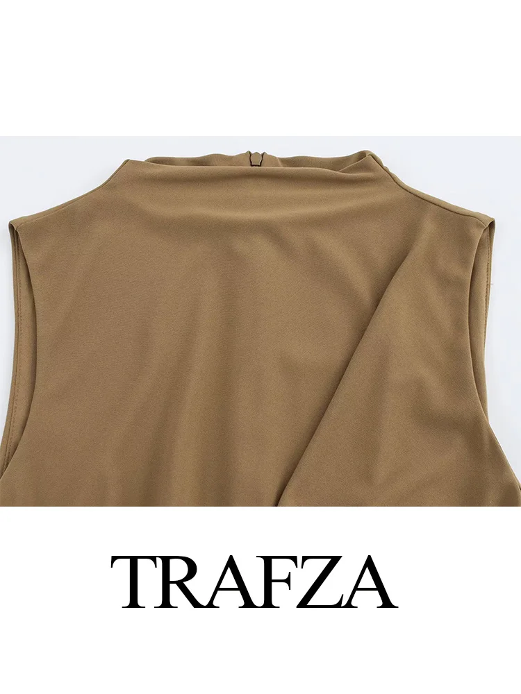 TRAFZA 2025 Spring Women Fashion Midi Dresses Split Hem O-Neck Sleeveless Fold Decorated Dress Solid Back Zipper Retro Dresses 6