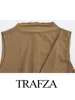 TRAFZA 2025 Spring Women Fashion Midi Dresses Split Hem O-Neck Sleeveless Fold Decorated Dress Solid Back Zipper Retro Dresses 6